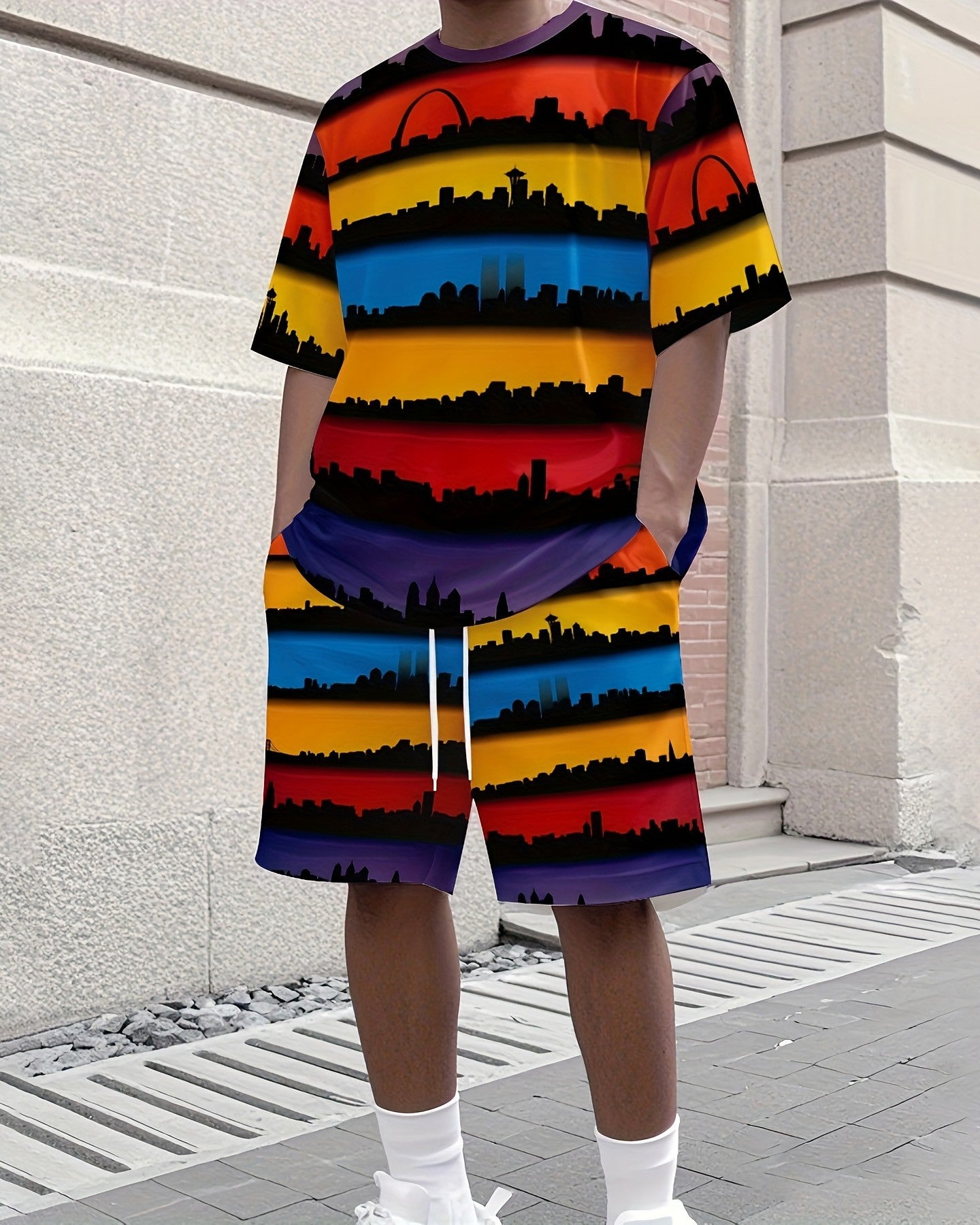 Men's Colorblock Stripe Summer Round Neck Set 119
