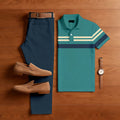 Men's Casual Color Matching Printed Polo-Collar Short Sleeved Trousers Two-Piece Set