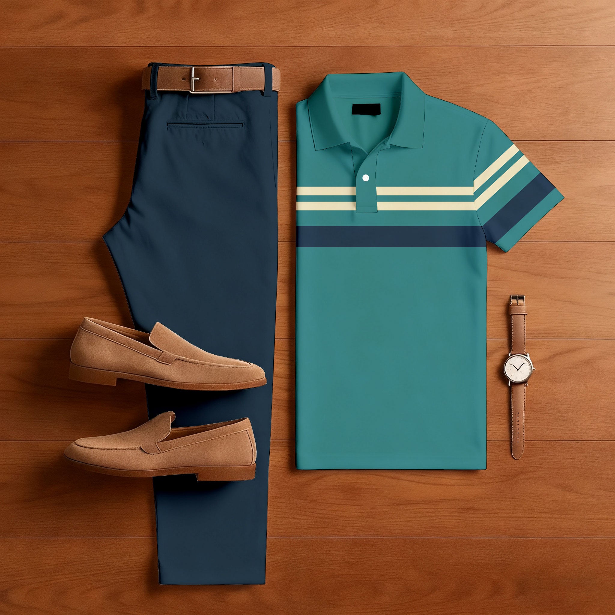 Men's Casual Color Matching Printed Polo-Collar Short Sleeved Trousers Two-Piece Set