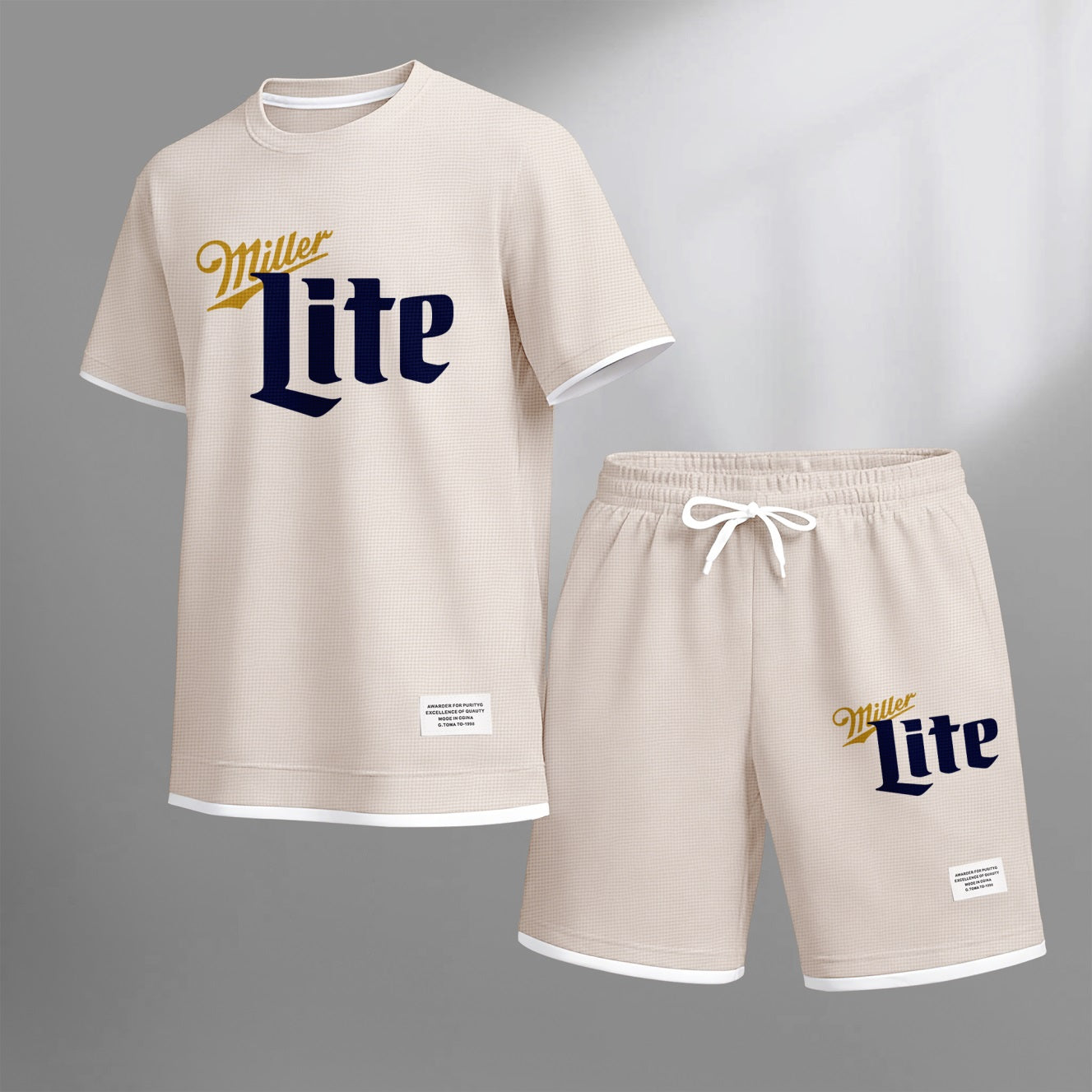 Men's Low-Calorie Beer Print Waffle Fabric Short-Sleeved Shirt And Shorts Set