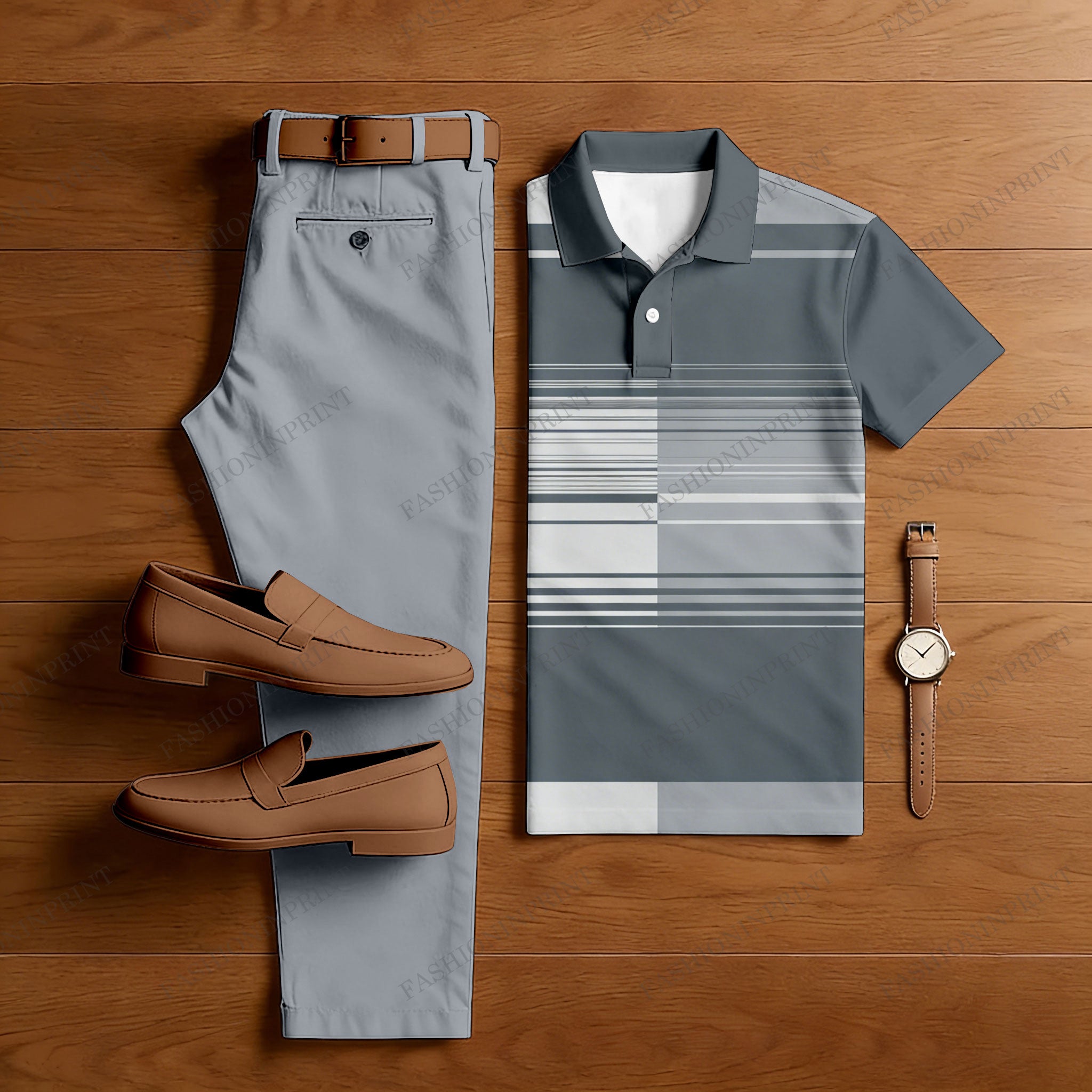 Men's Casual Gray Geometric Printed Short Sleeved Polo Shirt & Trousers Two-Piece Set