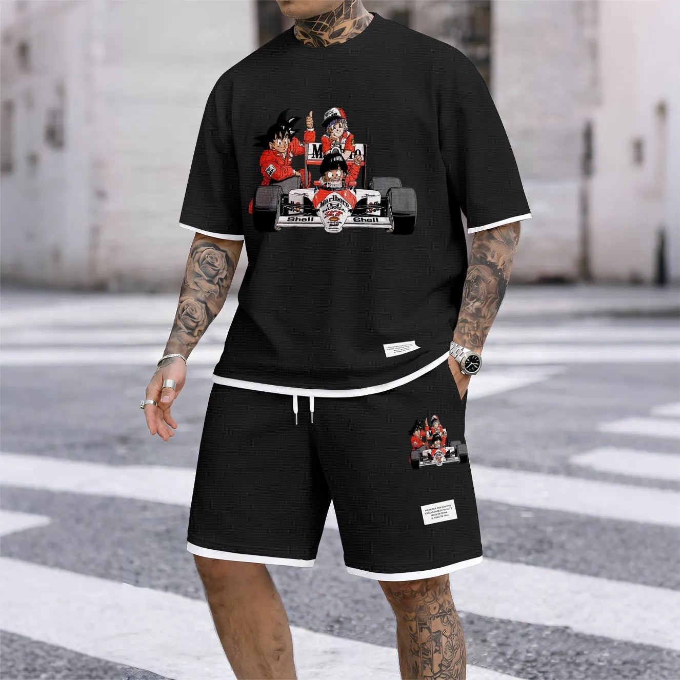 Men's Anime Racing Print Waffle Fabric Short-Sleeved Shirt And Shorts Set