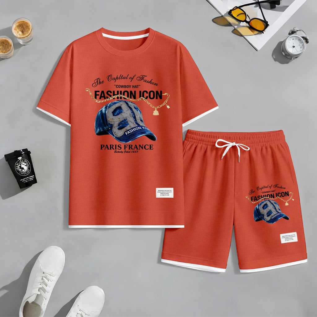 Men's Retro Cool Letter Print Short Sleeve T-Shirt & Shorts Set, Summer Lightweight Waffle Sporty Casual Two-Piece Outfit, Streetwear for Gym & Daily Wear