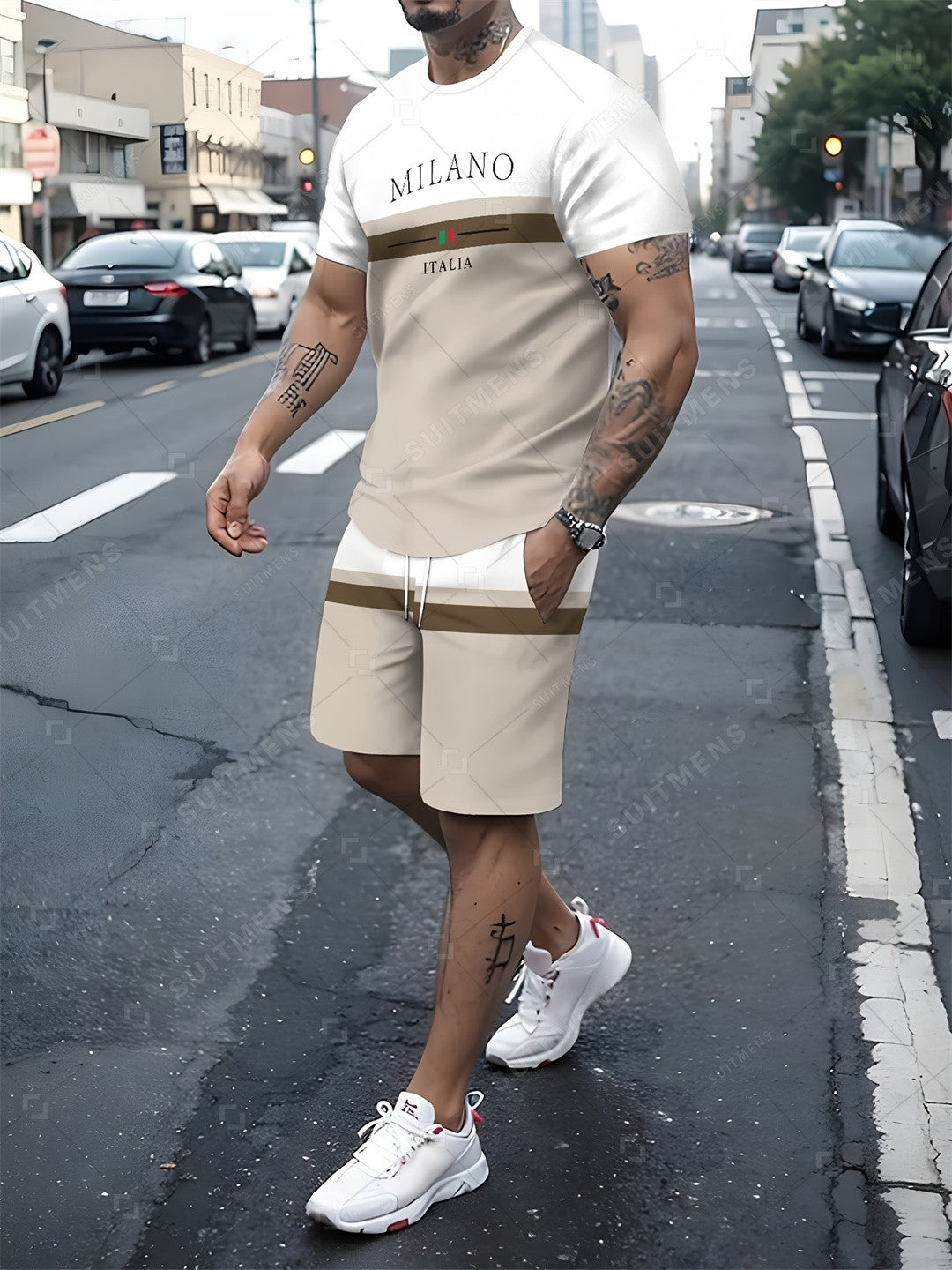 Men's Summer Color Matching Print Round Neck Set 929