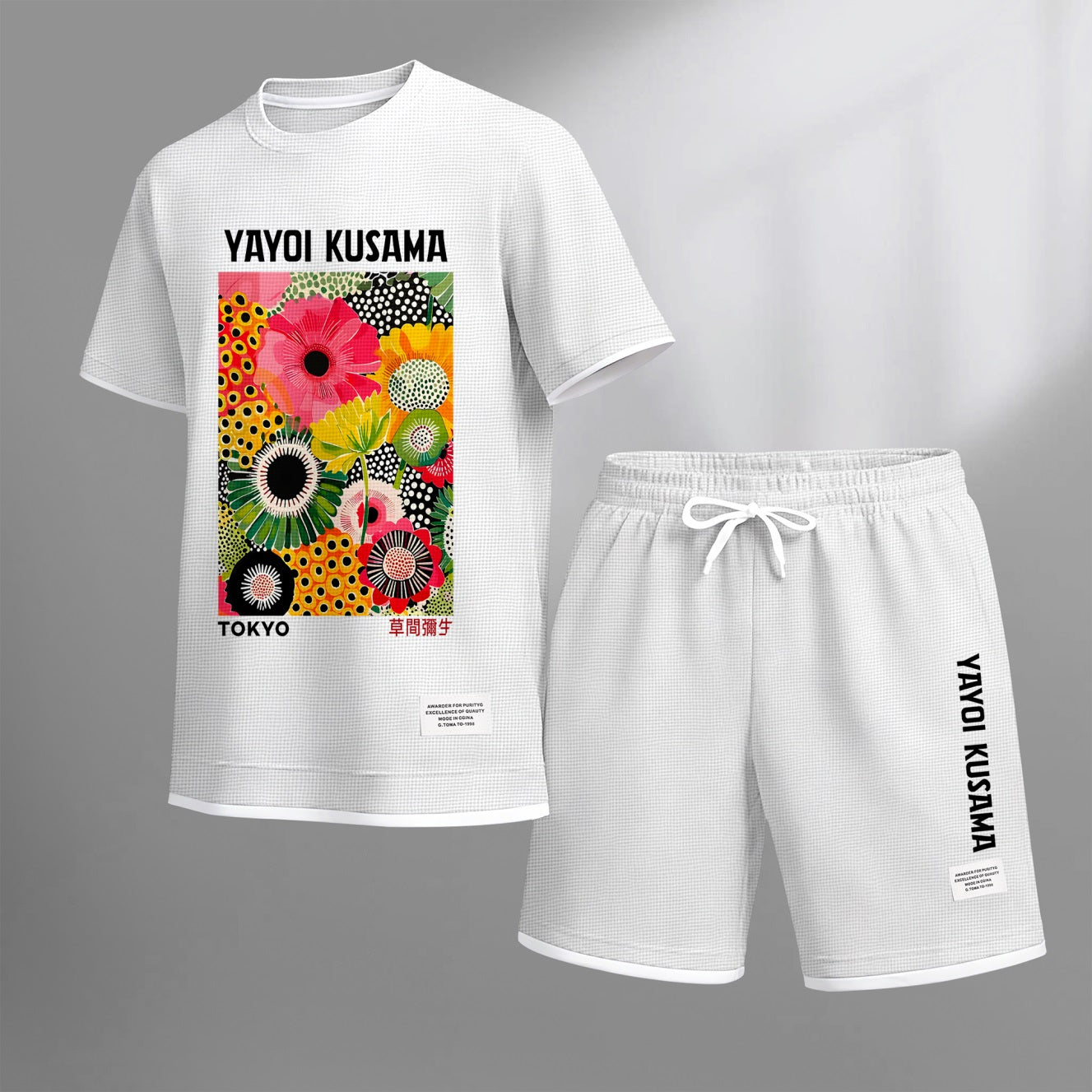 Men's Polka-Dot Flower Print Waffle Fabric Short-Sleeved Shirt And Shorts Set