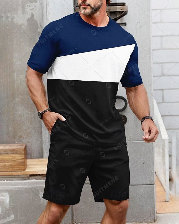 Men's Summer Color Matching Print Round Neck Set 225