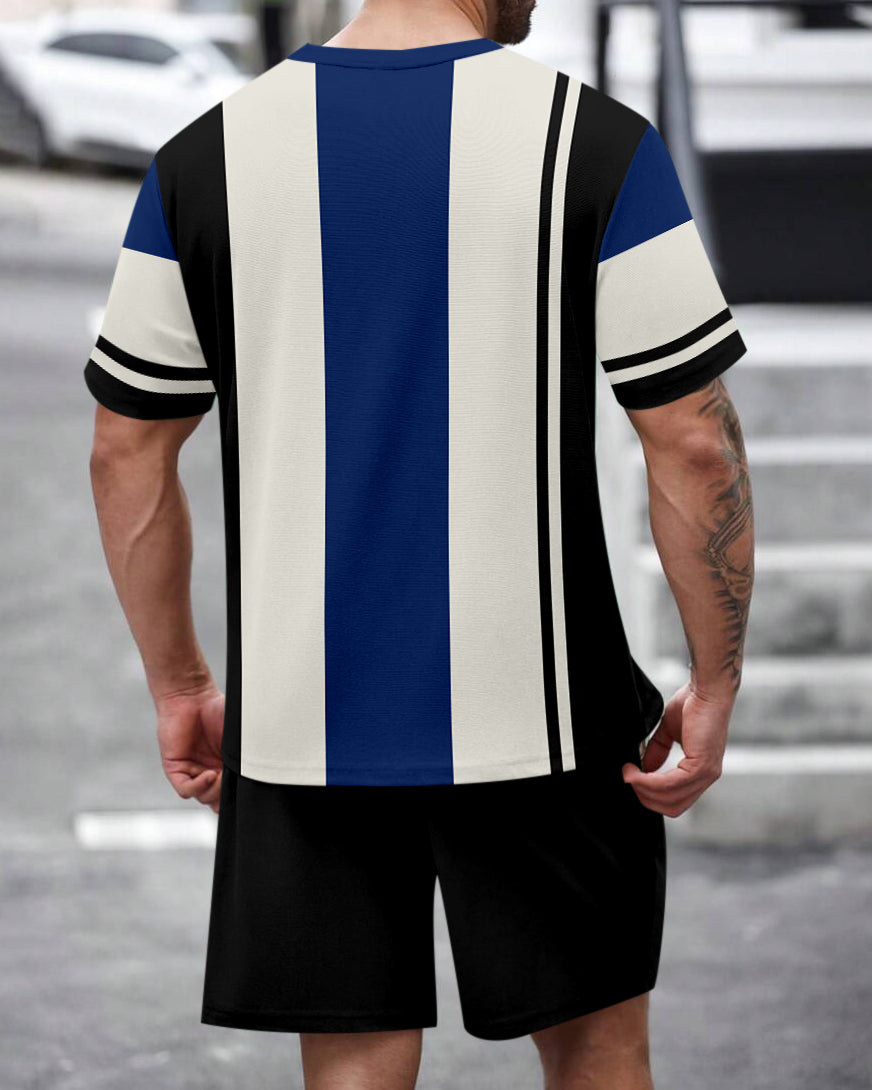 Men's Summer Colorblock Printed Round Neck Set 474