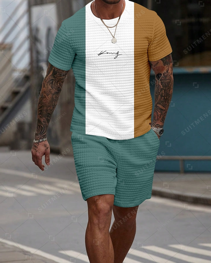 Men's Casual Waffle Textured Summer Round Neck Short Sleeve Shorts Set 005