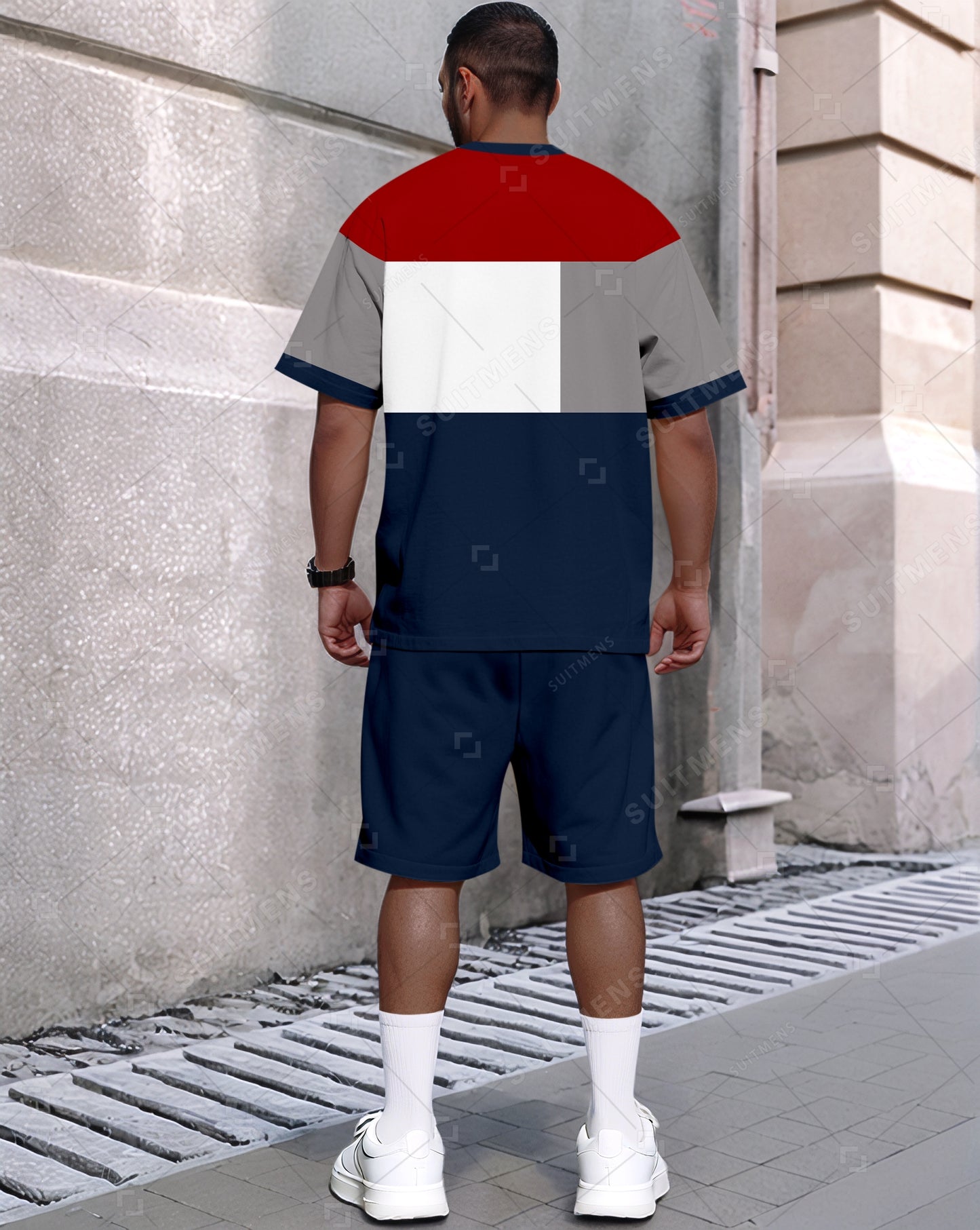 Men's Summer Colorblock Printed Round Neck Set 487