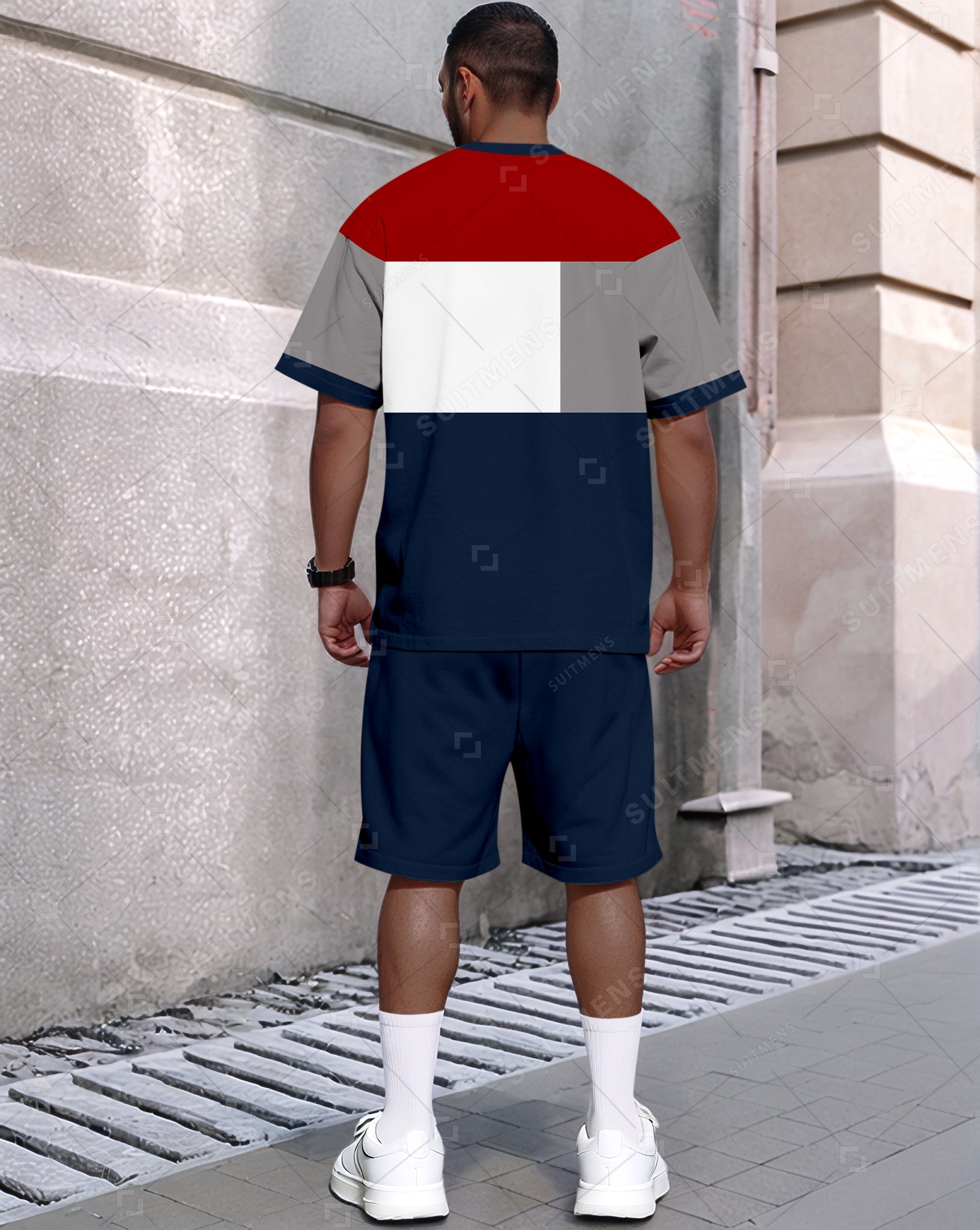 Men's Summer Colorblock Printed Round Neck Set 487