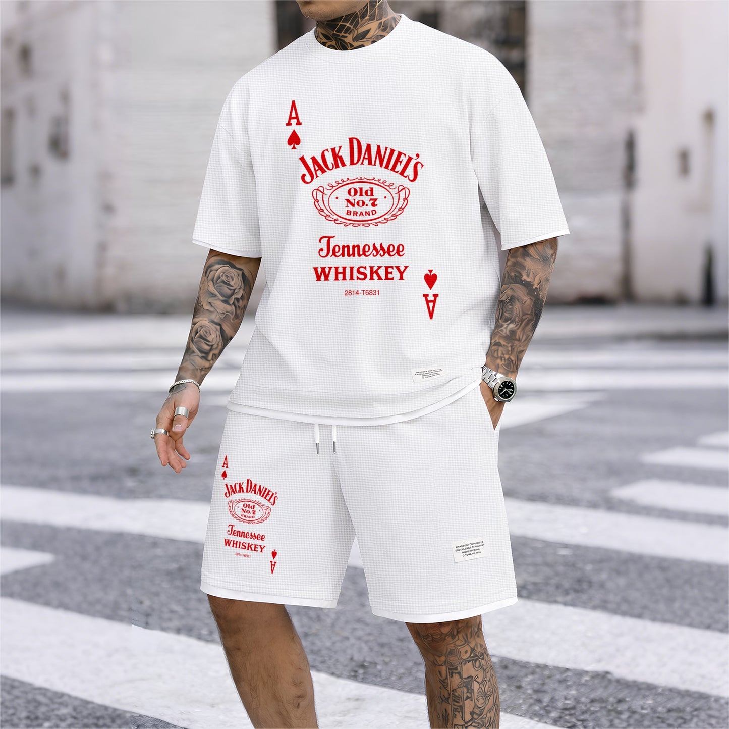 Men's Beer And Beverage Printed Drawstring Shorts Set, Suitable For Spring And Summer Wear, Casual Summer Set, Including Short-Sleeved Shirt And Shorts, Suitable For Everyday Wear And Sports 013