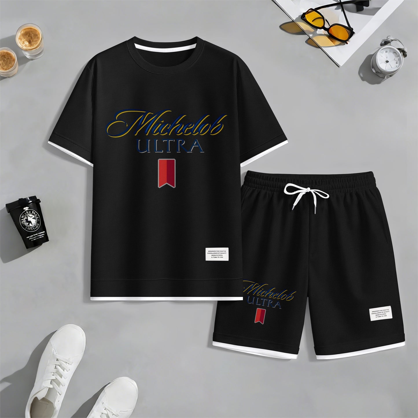 Men's Beer And Beverage Printed Drawstring Shorts Set, Suitable For Spring And Summer Wear, Casual Summer Set, Including Short-Sleeved Shirt And Shorts, Suitable For Everyday Wear And Sports 09