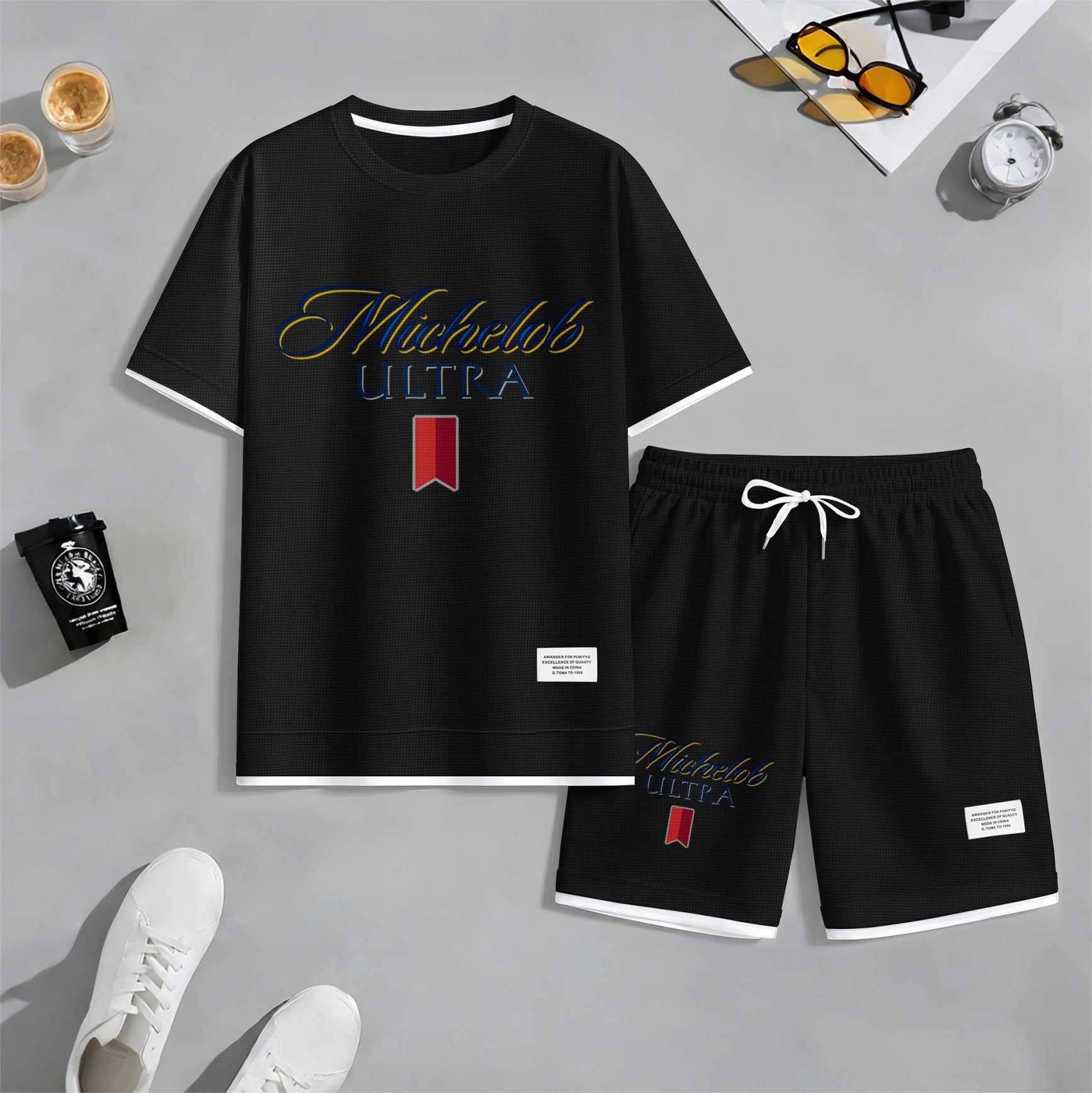 Men's Beer And Beverage Printed Drawstring Shorts Set, Suitable For Spring And Summer Wear, Casual Summer Set, Including Short-Sleeved Shirt And Shorts, Suitable For Everyday Wear And Sports 09