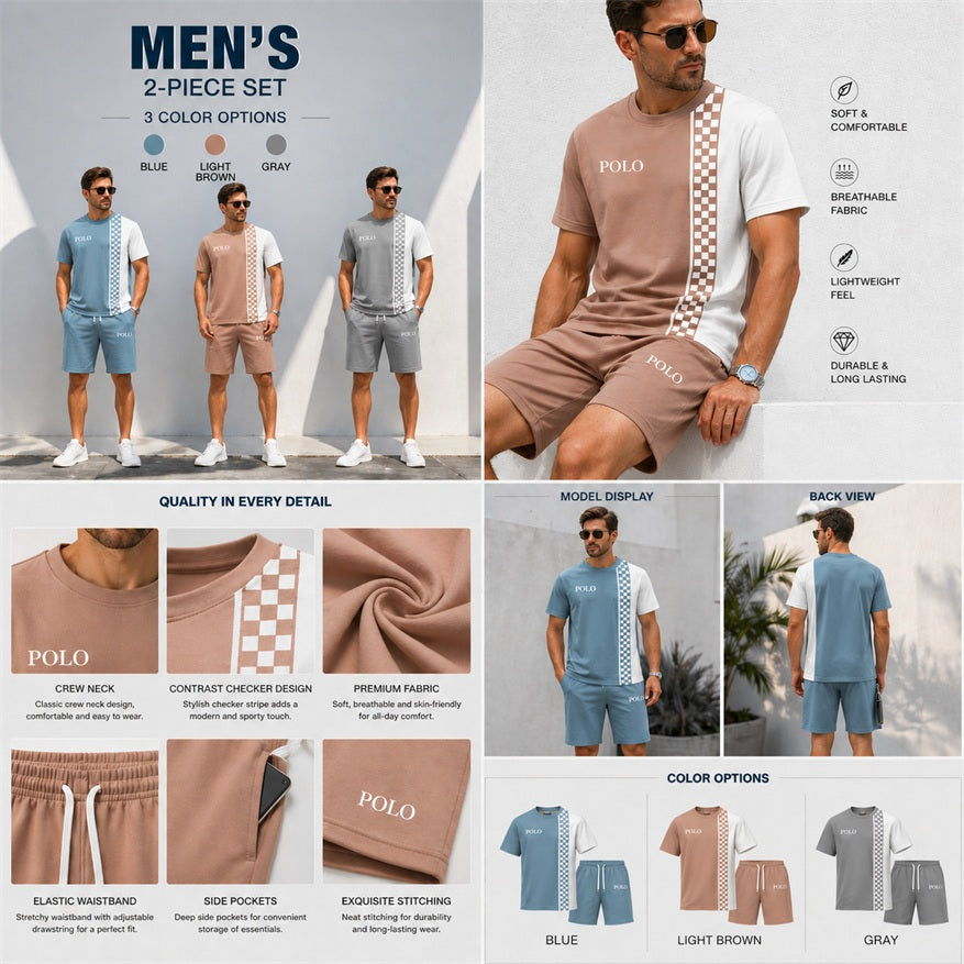 Men’s Casual Checker Stripe T Shirt and Shorts Set, 2 Piece Matching Outfit with Short Sleeve Tee and Elastic Waist Drawstring Shorts, Soft Breathable Summer Set for Holiday, Beach, Street Style, Lounge, and Everyday Wear