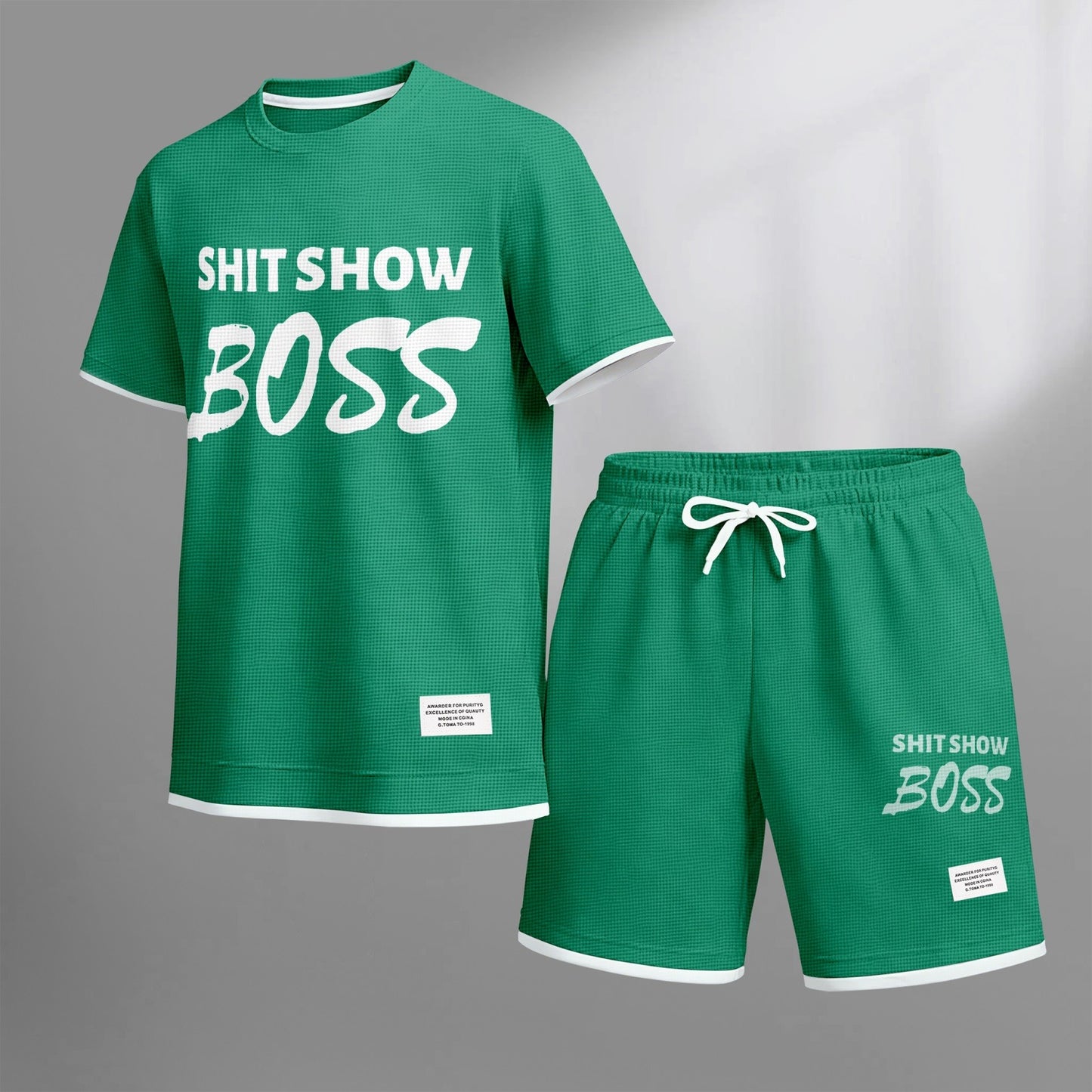 Men's Boss print drawstring shorts set for spring/summer, a casual summer outfit including a short-sleeved shirt and shorts, suitable for everyday wear and sports. A two-piece set for a relaxed and energetic lifestyle.