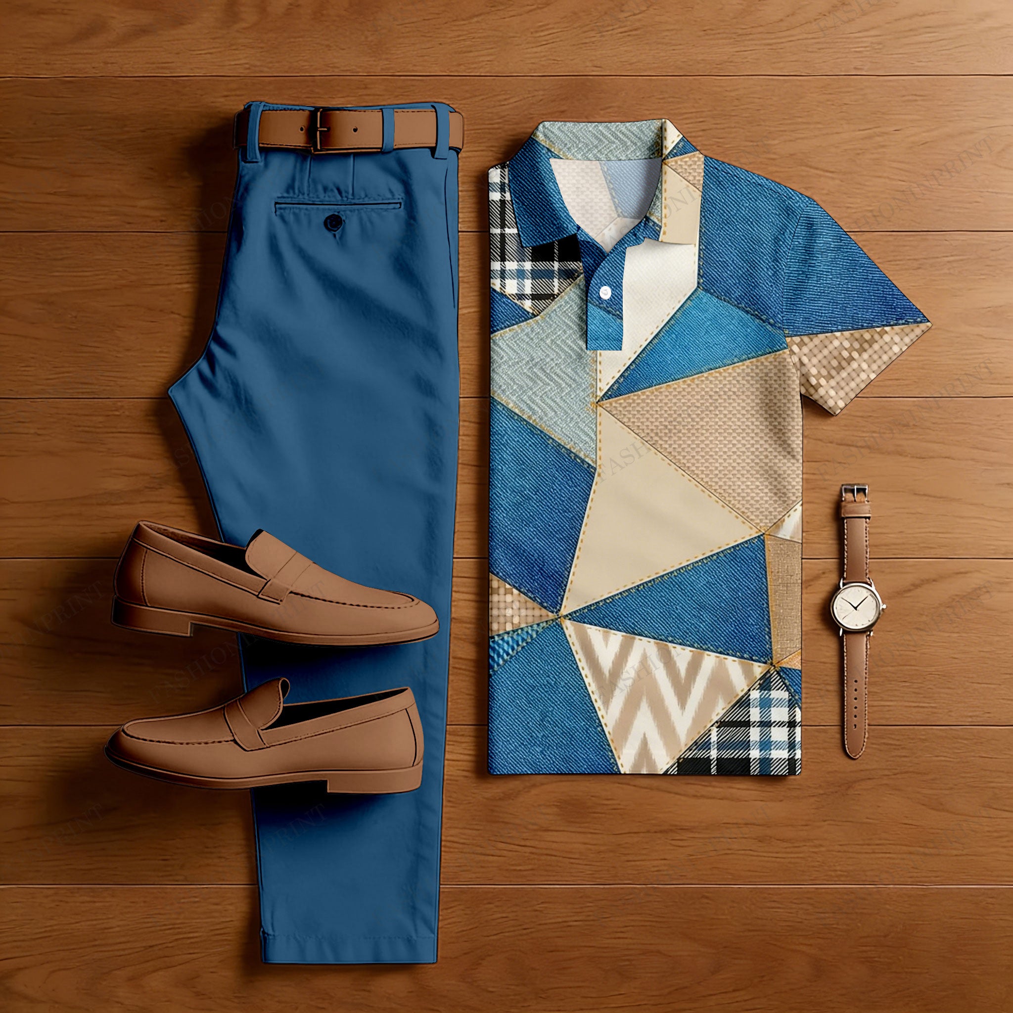 Men's Casual Blue Geometry Printed Polo Shirt And Pants Two-Piece Set