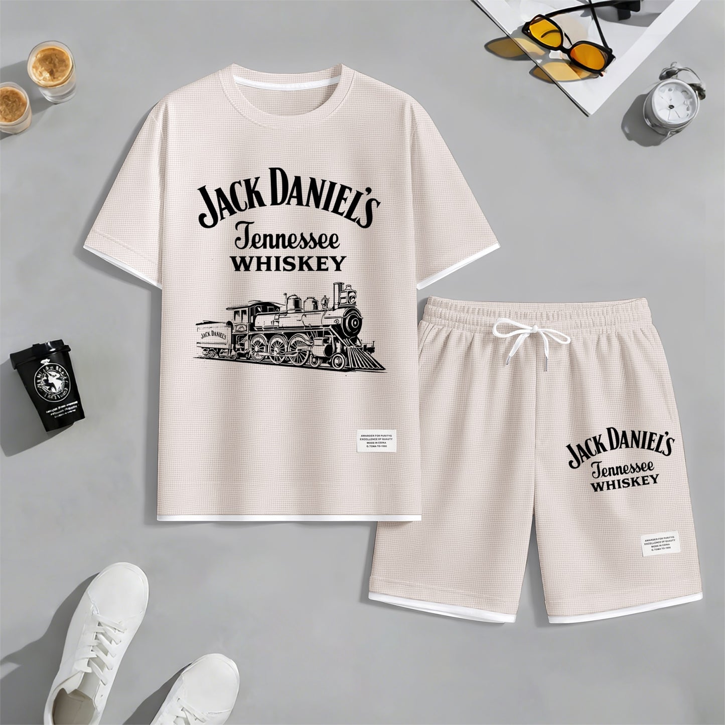 Men's Beer Print Drawstring Shorts Set, Suitable For Spring And Summer Wear, Casual Summer Set, Including Short-Sleeved Shirt And Shorts, Suitable For Everyday Wear And Sports.
