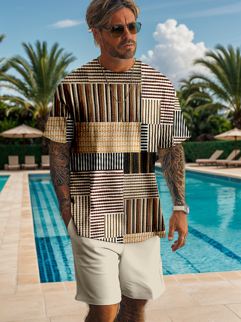 Men's casual color block printed shorts Set 515