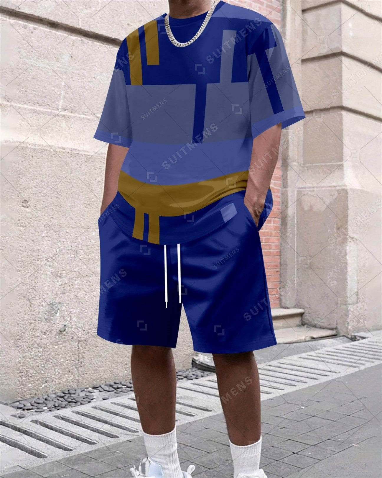 Men's Summer Colorblock Printed Round Neck Set 630