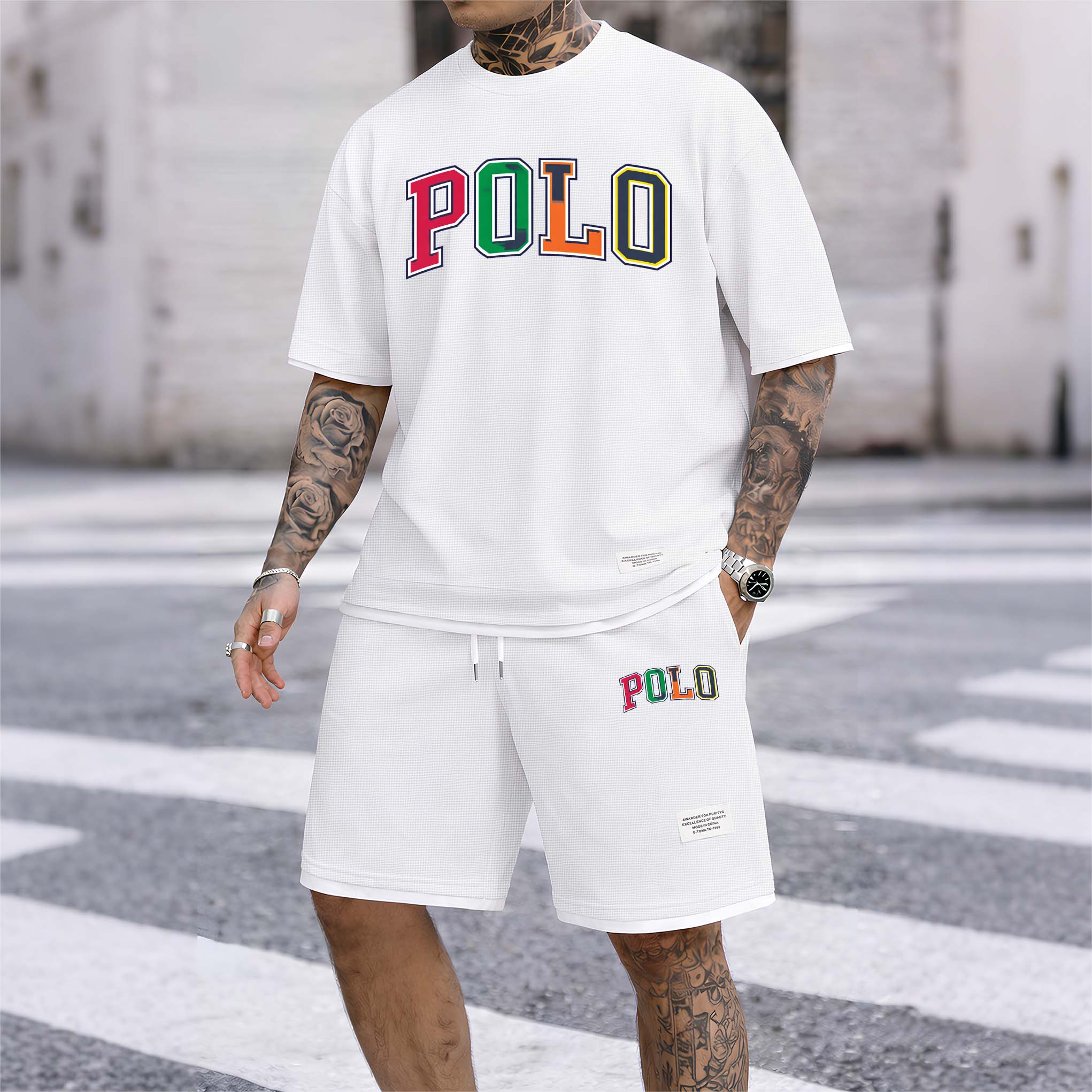 Men's Polo Print Drawstring Shorts Set For Spring/Summer. A Casual Summer Outfit, Including A Short-Sleeved Shirt And Shorts, Suitable For Everyday Wear And Sports. A Two-Piece Set For A Relaxed And Energetic Lifestyle.