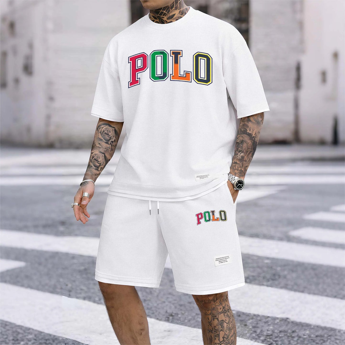 Men's Polo Print Drawstring Shorts Set For Spring/Summer. A Casual Summer Outfit, Including A Short-Sleeved Shirt And Shorts, Suitable For Everyday Wear And Sports. A Two-Piece Set For A Relaxed And Energetic Lifestyle.