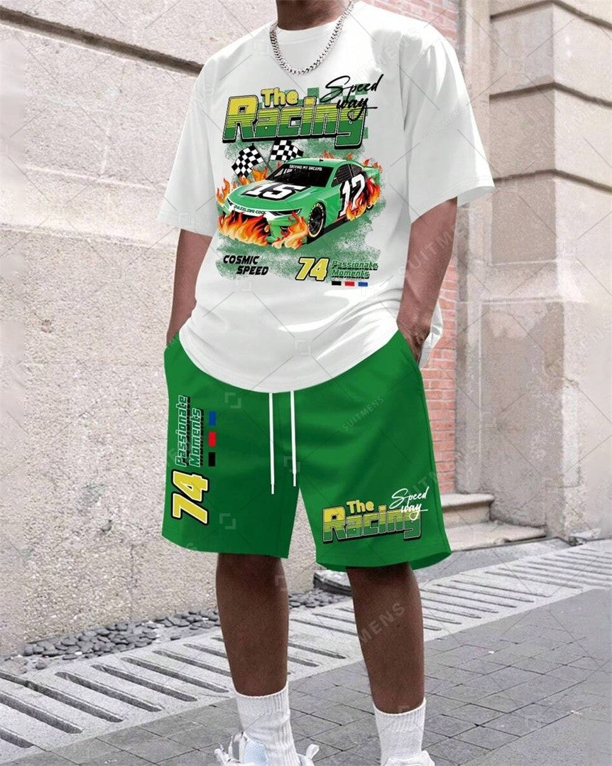 Men's Summer Car Print Round Neck Set 261
