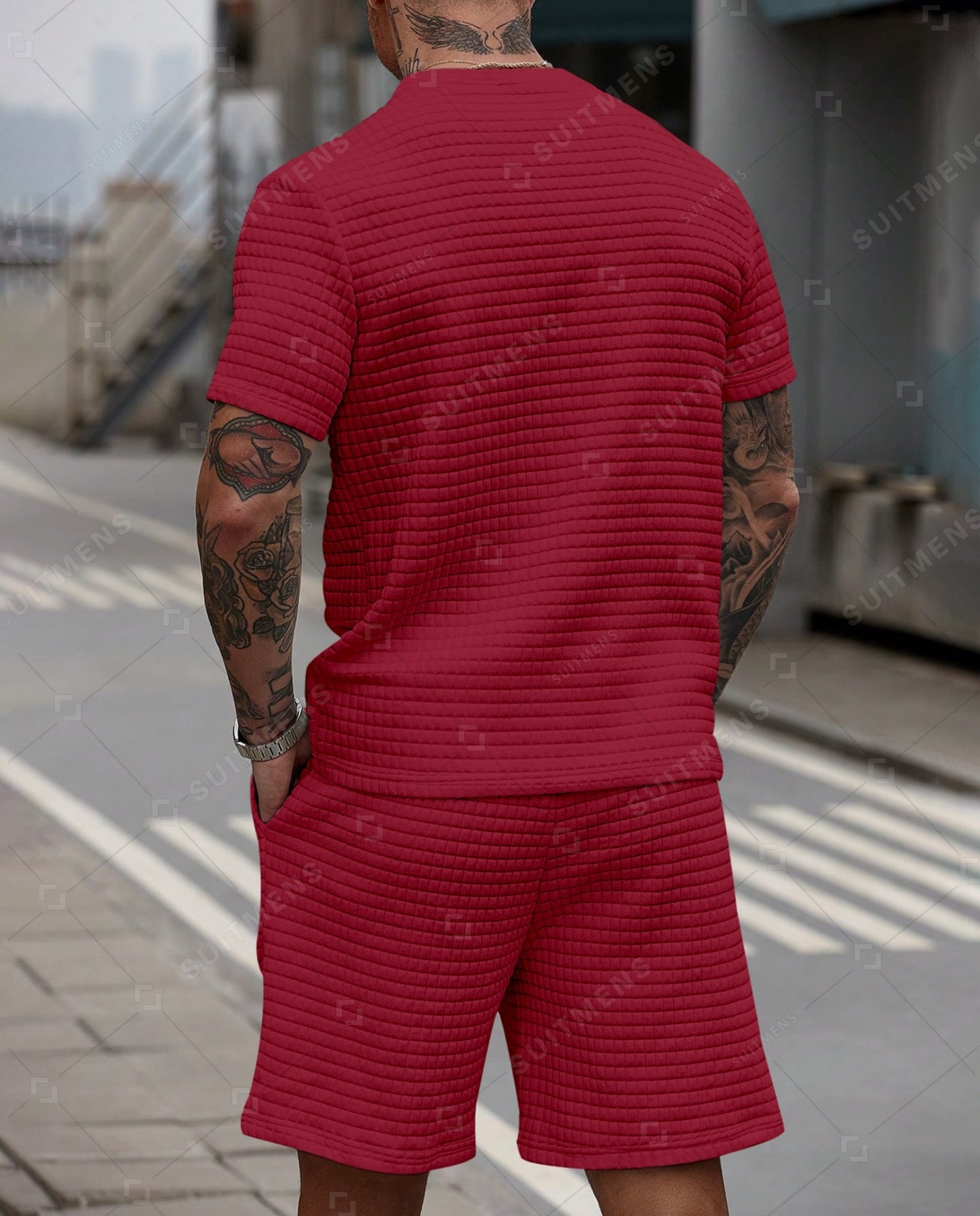 Men's Casual Waffle Textured Summer Round Neck Short Sleeve Shorts Set 0019