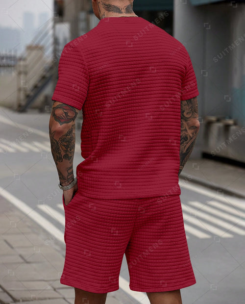 Men's Casual Waffle Textured Summer Round Neck Short Sleeve Shorts Set 0019