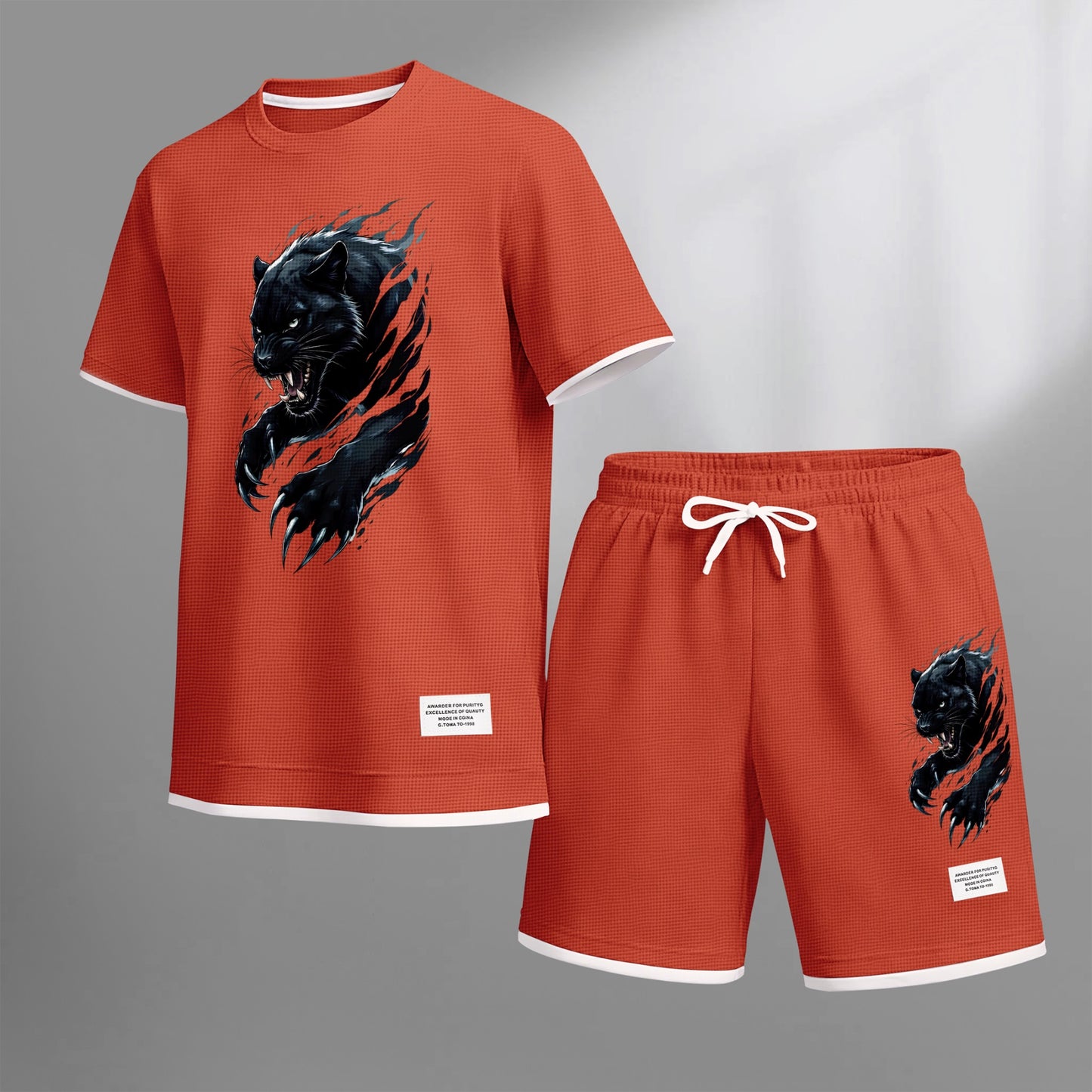 Men's Black Panther Graphic Print Waffle Short Sleeve T-Shirt & Shorts Set, Summer Lightweight Sporty Casual Two-Piece Outfit, Streetwear for Gym & Daily Wear