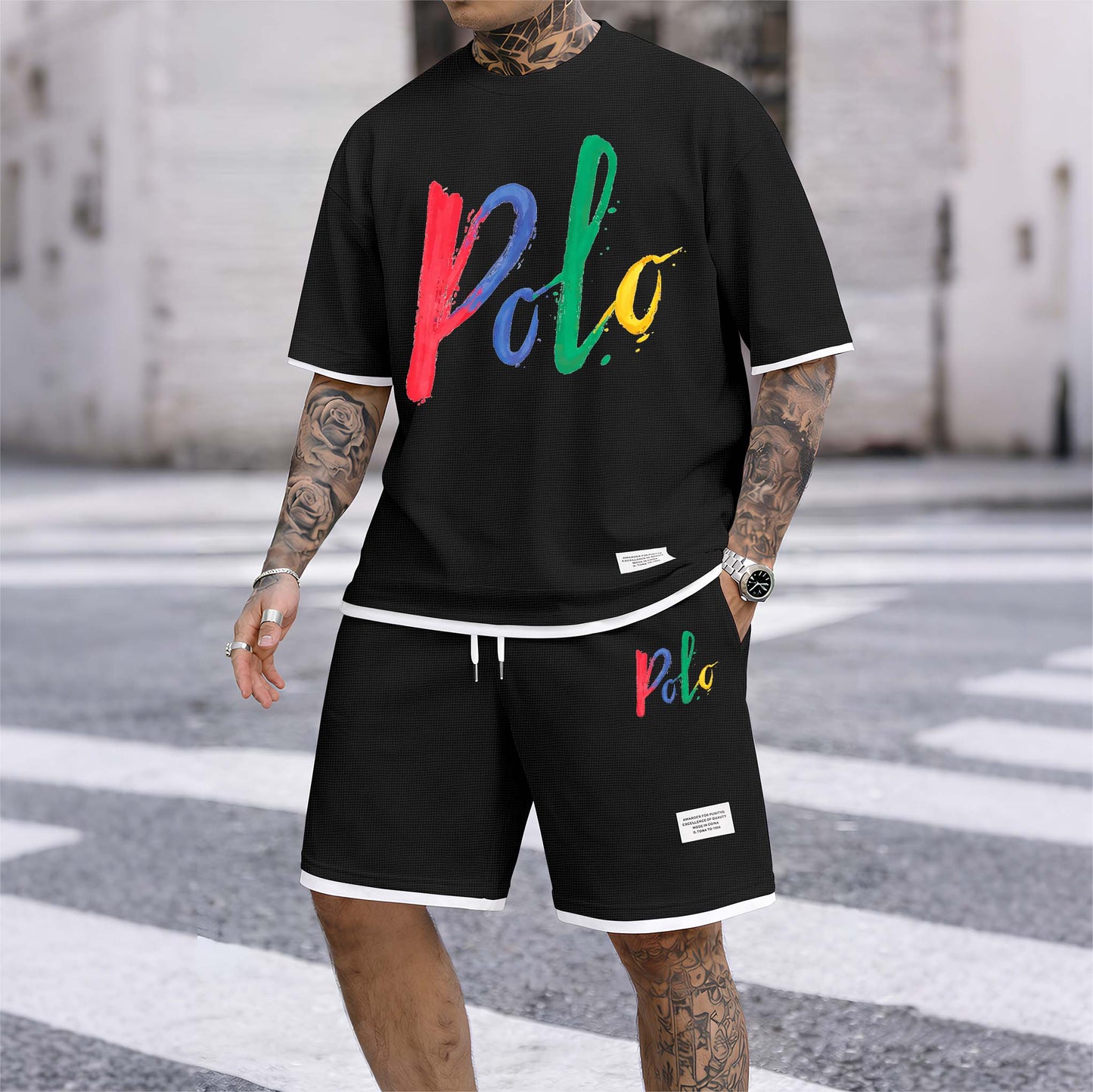 Men's Polo Print Drawstring Shorts Set For Spring/Summer. A Casual Summer Outfit, Including A Short-Sleeved Shirt And Shorts, Suitable For Everyday Wear And Sports. A Two-Piece Set For A Relaxed And Energetic Lifestyle.