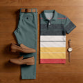 Men's Casual Military Green Geometric Printed Polo Shirt And Trousers Two-Piece Set