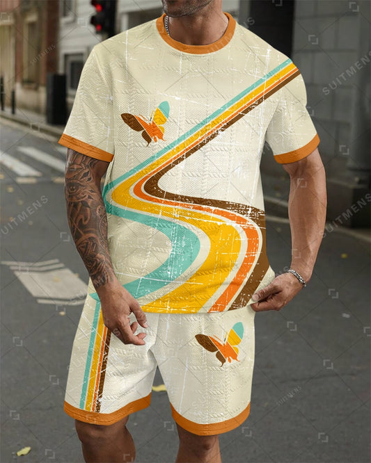 Men's Jacquard Textured Color Block Printed Short Sleeve Shorts Set 0010