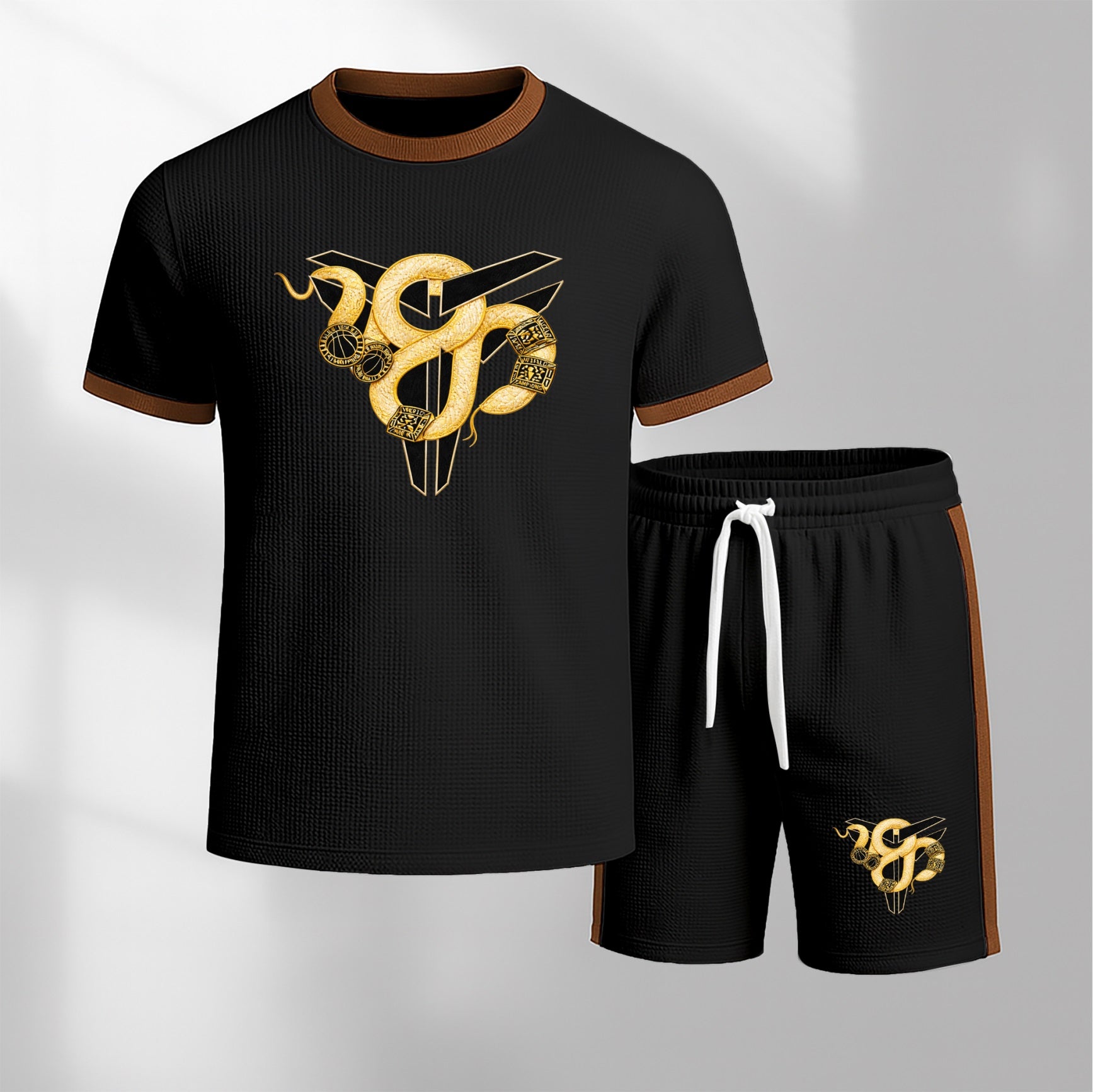 Men's Patterned Short-Sleeved T-Shirt And Drawstring Shorts Set, Men's Clothing, Casual Sports Short-Sleeved Top And Shorts, Men's Summer Everyday Wear, Indoor And Outdoor Sportswear, Sports Set.