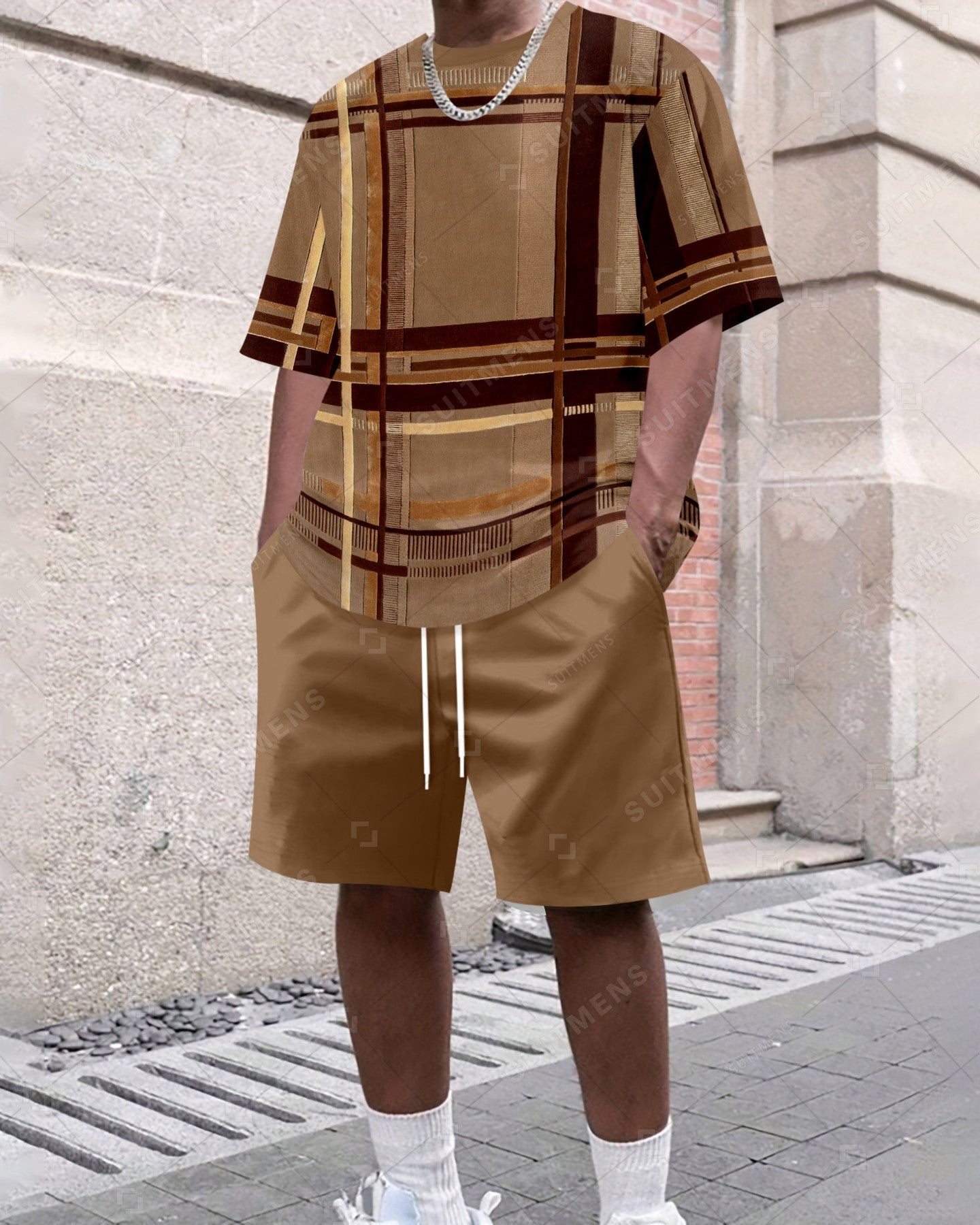 Men's Summer Colorblock Printed Round Neck Set 485