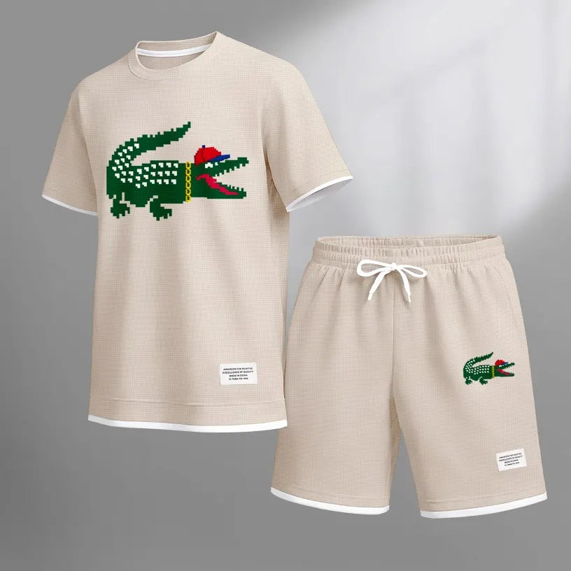 Men's Hip-Hop Crocodile Print Waffle Fabric Short-Sleeved Shirt And Shorts Set