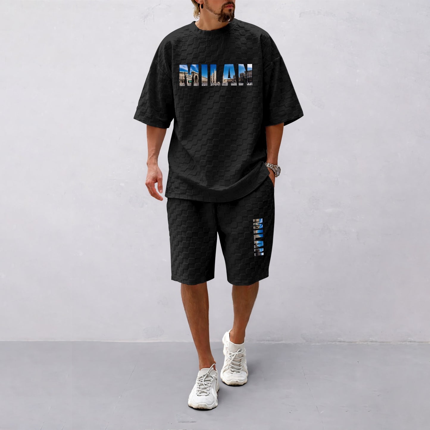 Men's Spring and Summer Milan Letter Print Checkered Fabric Drawstring Shorts Set, Casual Summer Outfit with Short-Sleeved Shirt and Shorts, Ideal for Everyday Wear and Sports Activities