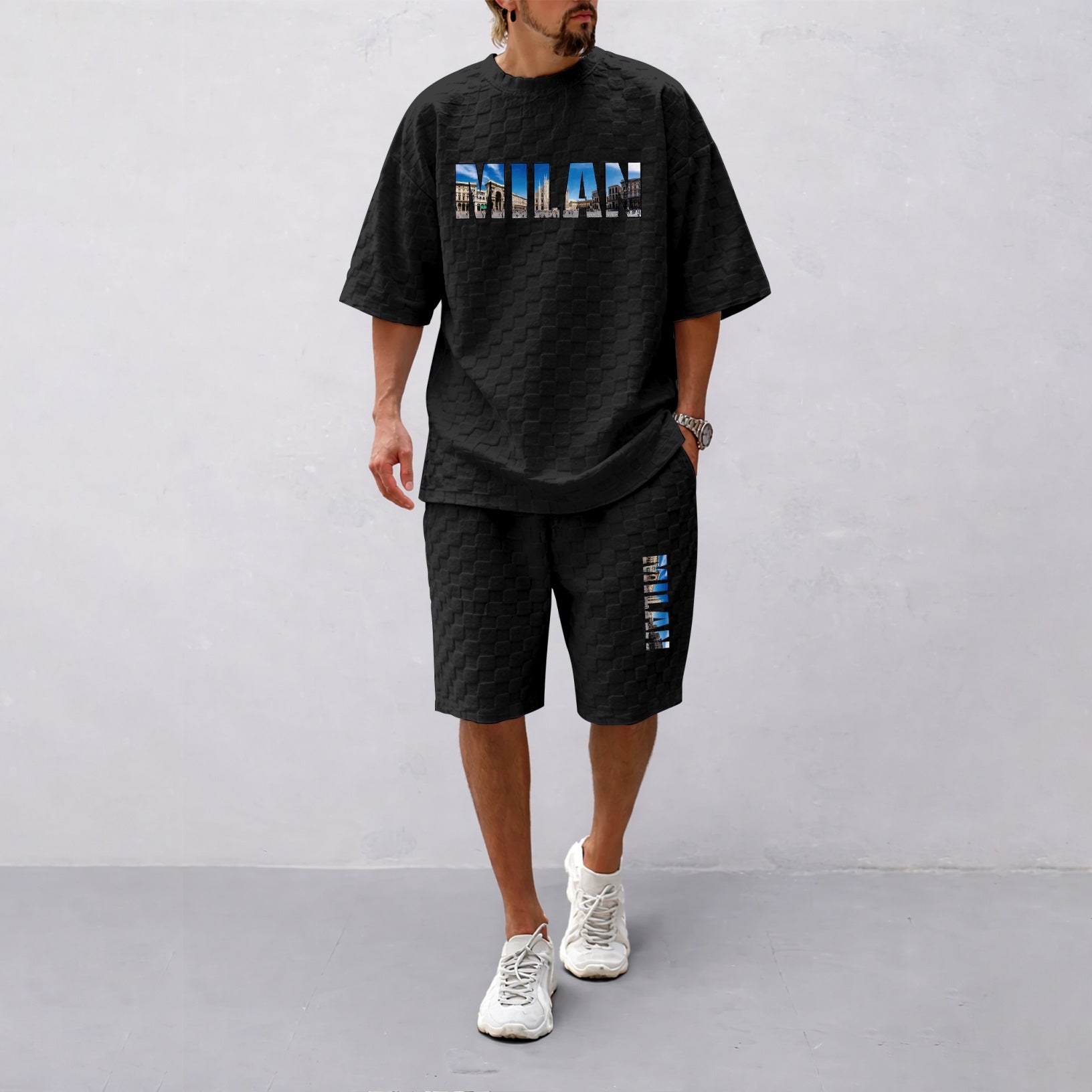 Men's Spring and Summer Milan Letter Print Checkered Fabric Drawstring Shorts Set, Casual Summer Outfit with Short-Sleeved Shirt and Shorts, Ideal for Everyday Wear and Sports Activities