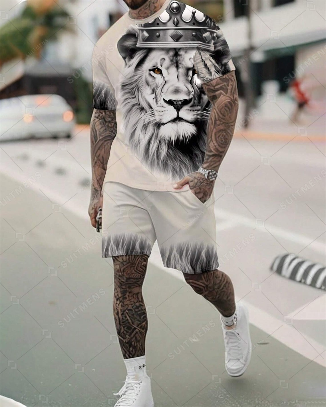 Men's Summer Gradient Lion Print Round Neck Set 224