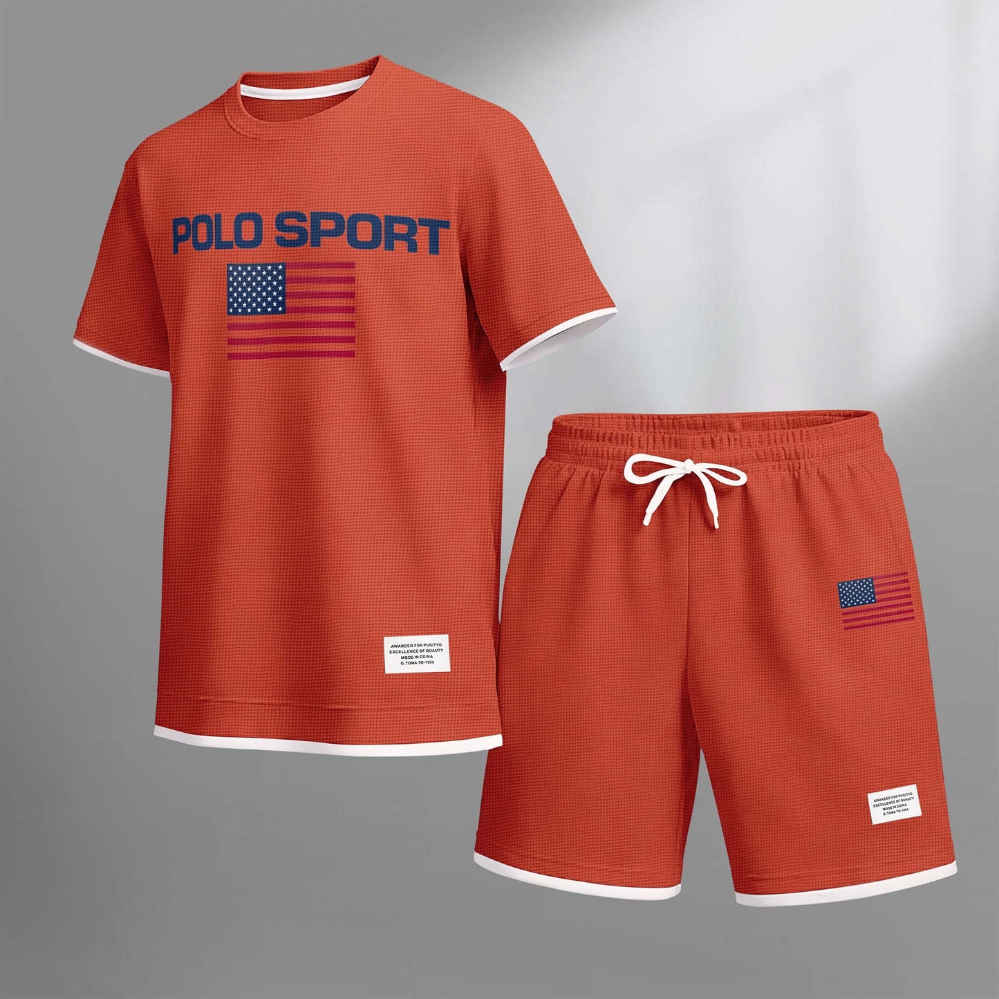 Men's Usa Polo Sport Print Drawstring Shorts Set For Spring/Summer. A Casual Summer Outfit, Including A Short-Sleeved Shirt And Shorts, Suitable For Everyday Wear And Sports. A Two-Piece Set For A Relaxed And Energetic Lifestyle.