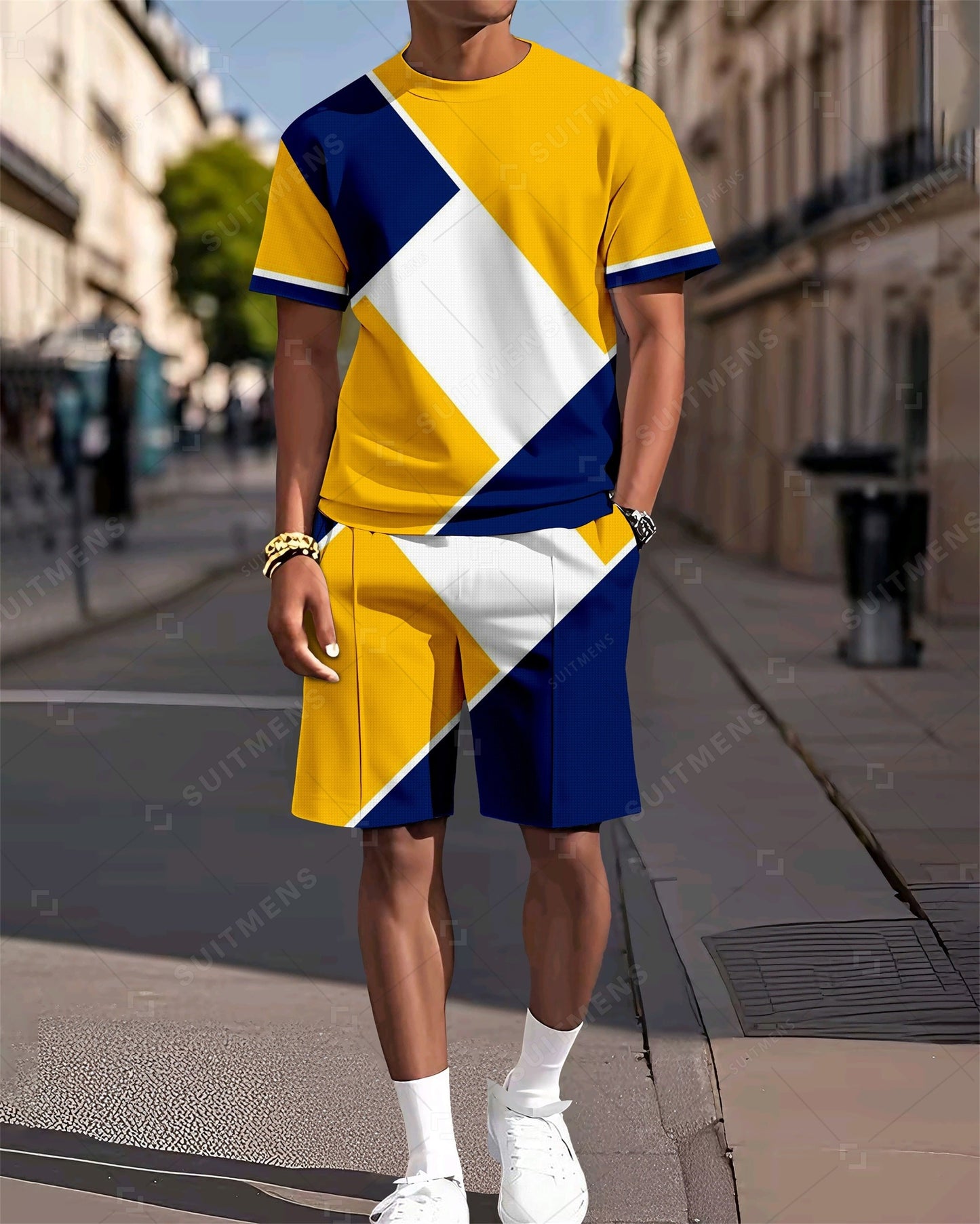 Men's Colorblock Printed Casual Summer Round Neck Set 2035