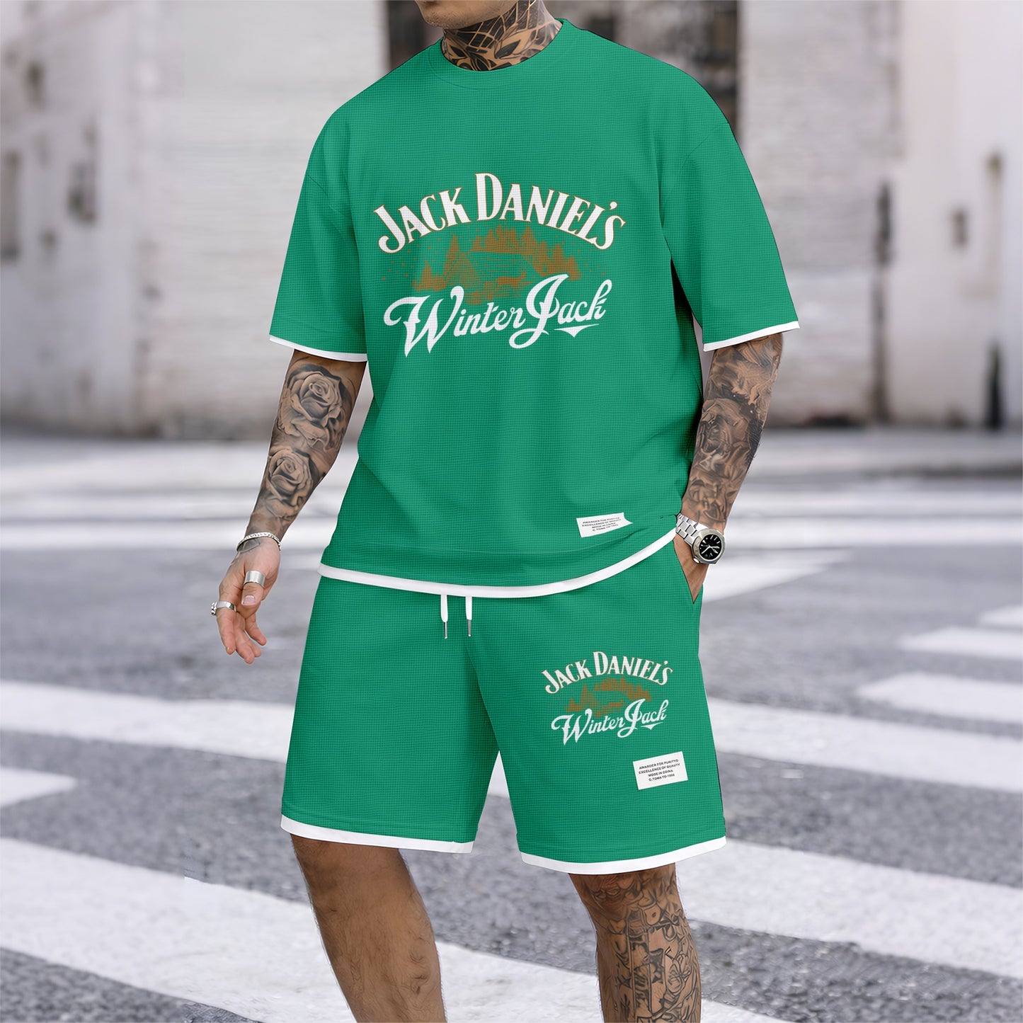 Men's Beer And Beverage Printed Drawstring Shorts Set, Suitable For Spring And Summer Wear, Casual Summer Set, Including Short-Sleeved Shirt And Shorts, Suitable For Everyday Wear And Sports 010
