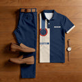 Men's 250Th Anniversary Navy Blue & Apricot Gitar Printed Short Sleeved Polo Shirt & Trousers Two-Piece Set