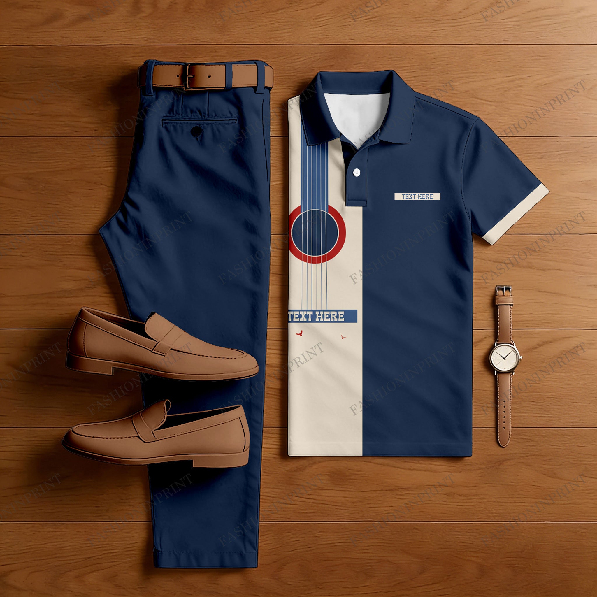Men's 250Th Anniversary Navy Blue & Apricot Gitar Printed Short Sleeved Polo Shirt & Trousers Two-Piece Set