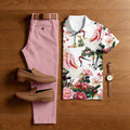 Men's Casual White Roses Printed Polo Shirt And Pants Two-Piece Set 205167