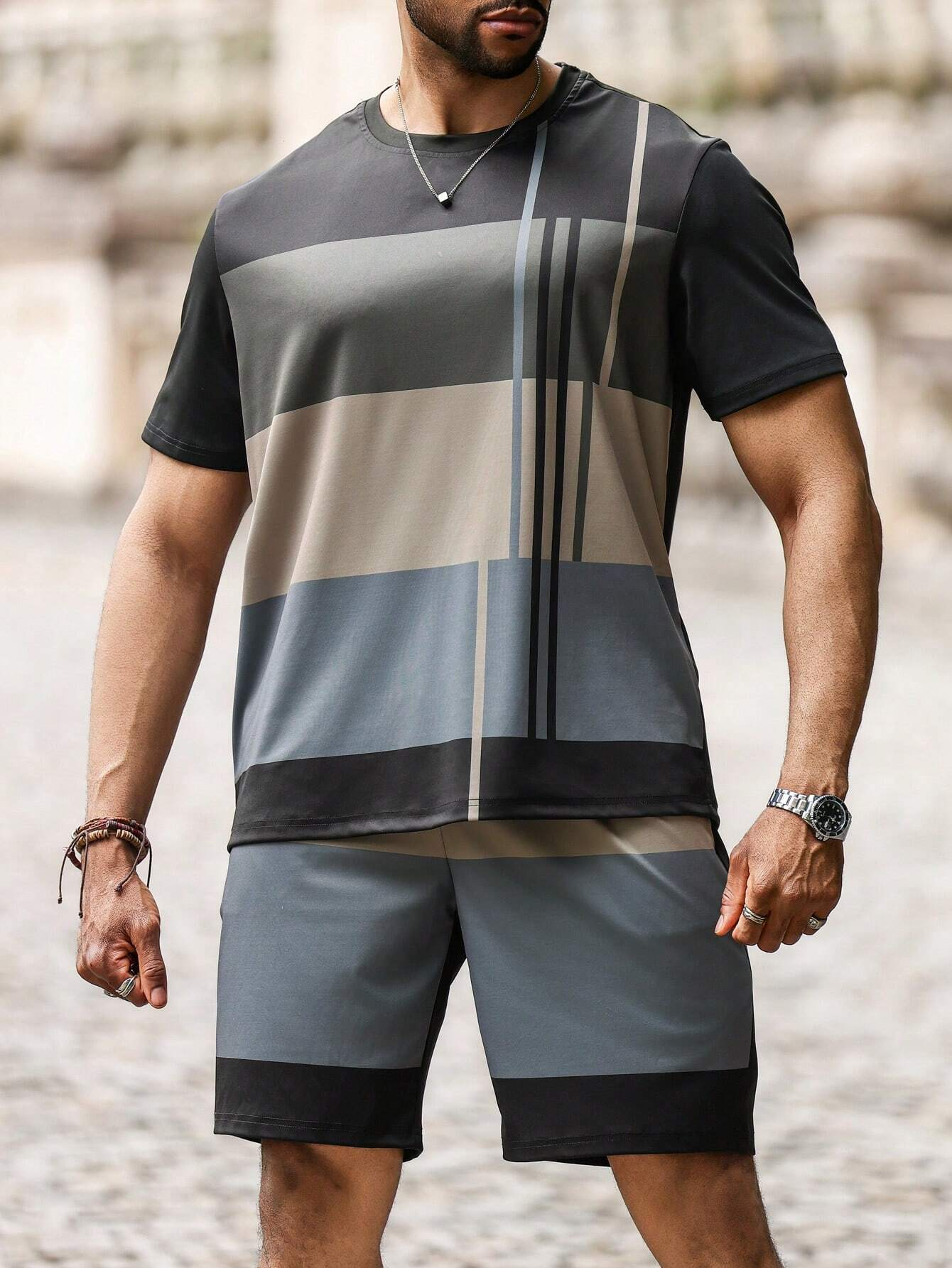 Men's color matching casual shorts Set 400