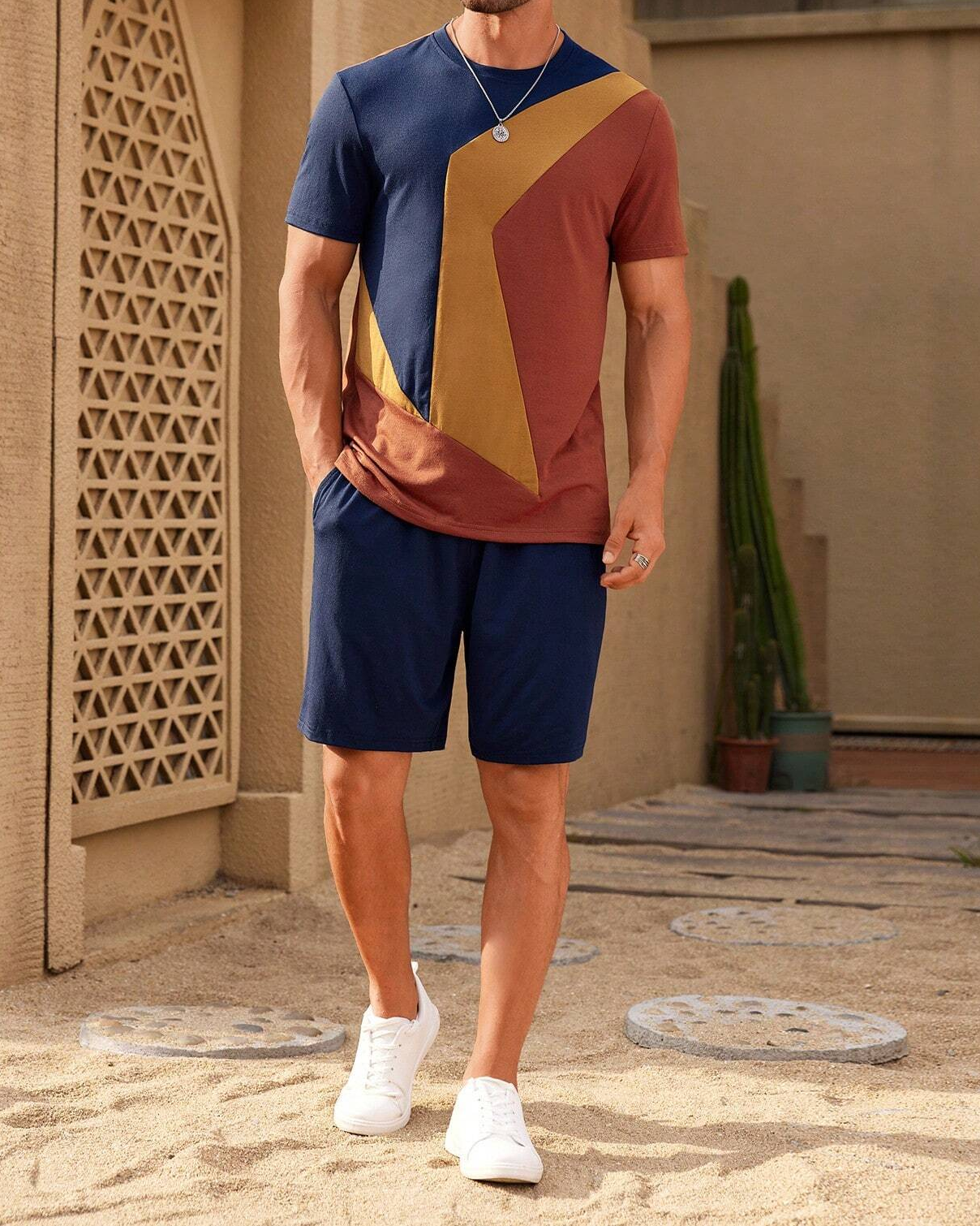 Men's color matching casual shorts Set 407