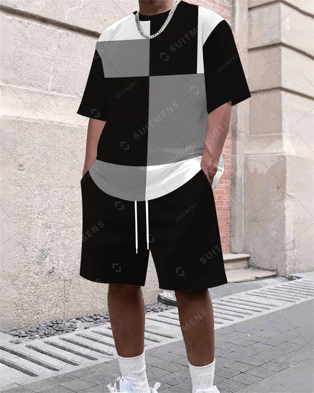 Men's Summer Color Matching Print Round Neck Set 312