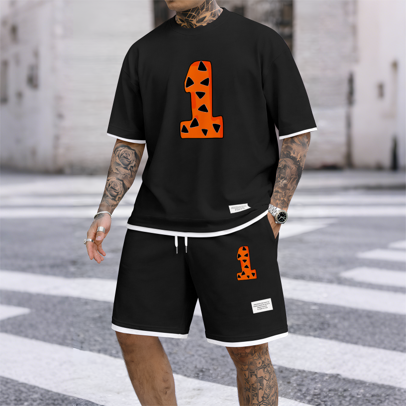 Men's Casual Style Number “1” Print Waffle Fabric Short-Sleeved Shirt And Shorts Set