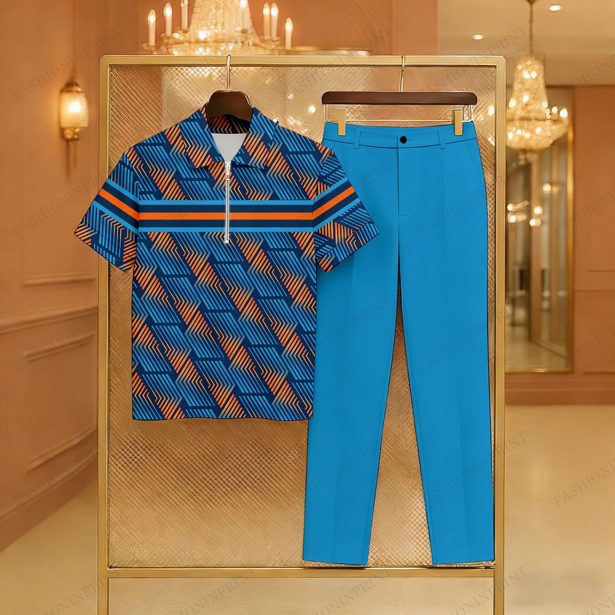 Men's Casual Blue & Orange Color Matching Checkered Printed Zipper Short Sleeved Polo Shirt & Trousers Two-Piece Set