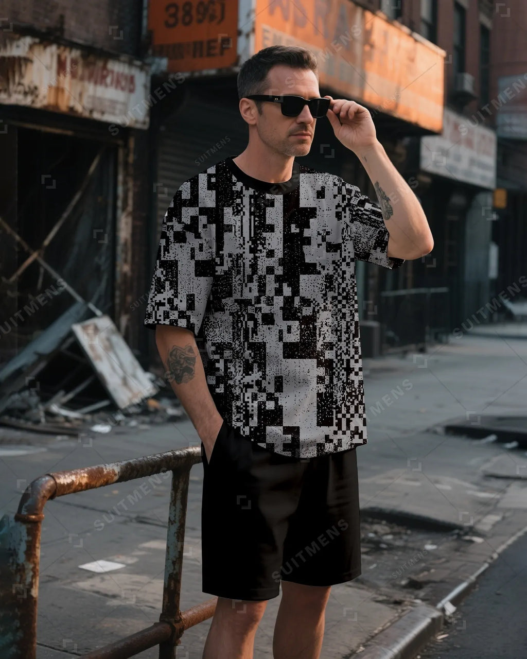 Men's Summer Colorblock Printed Round Neck Suit 015
